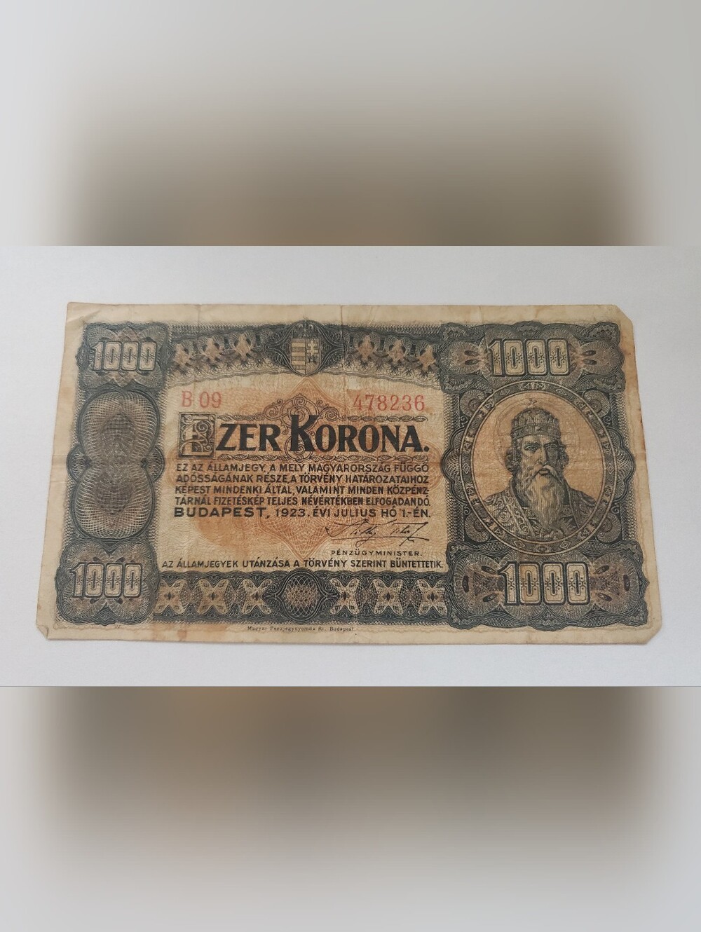 Vintage 1000 Korona Hungarian Banknote — Orange & Black